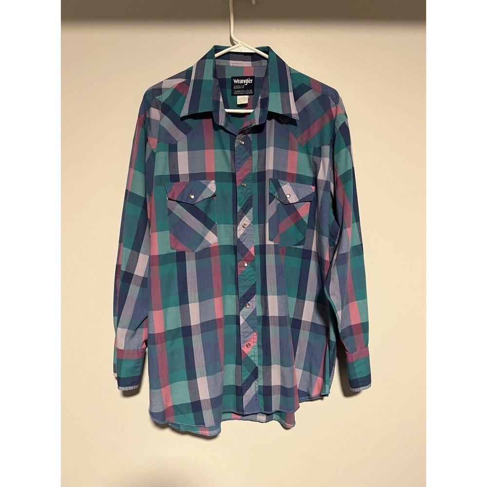 VTG Wrangler Cowboy Cut Western Pearl Snap Brushpopper Bold Pattern 17.5 34